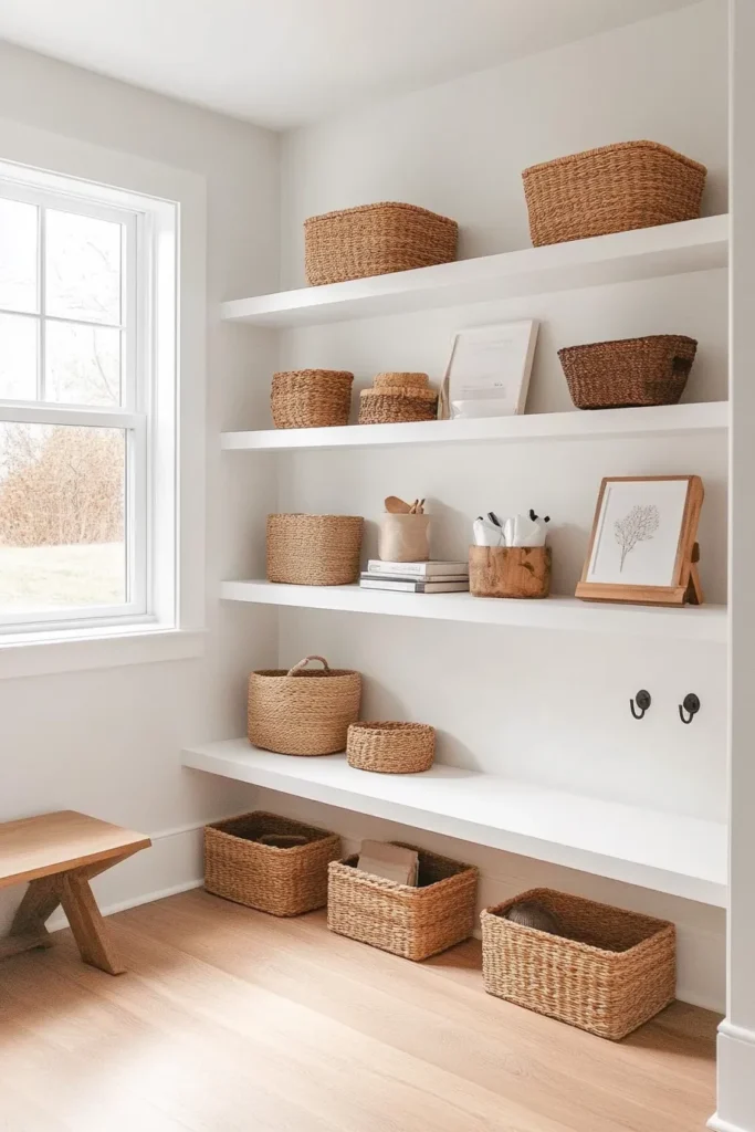 Minimalist mudroom ideas entryway with wall mounted shelves and coat hooks modern minimalist mudroom