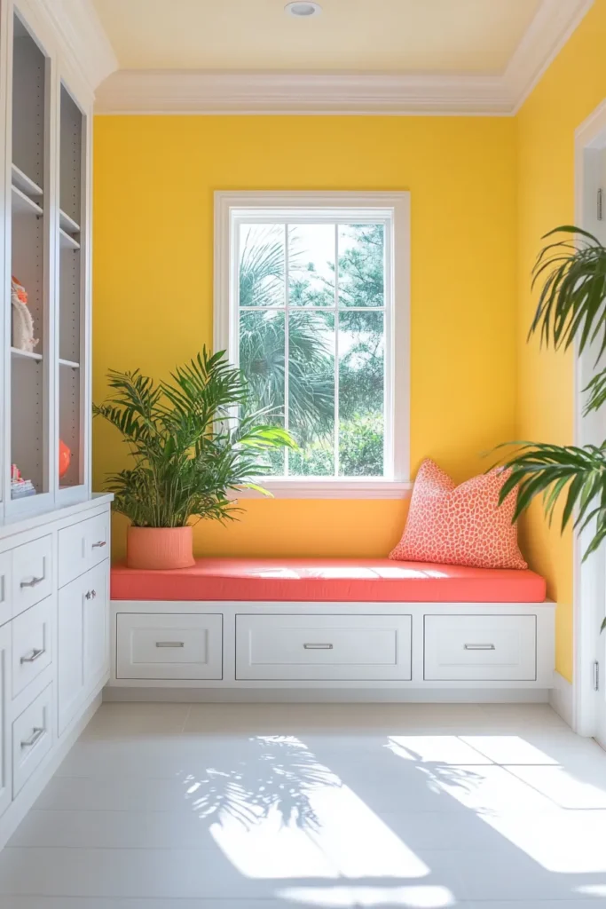 Minimalist mudroom ideas featuring vibrant yellow walls white storage units and coral accents