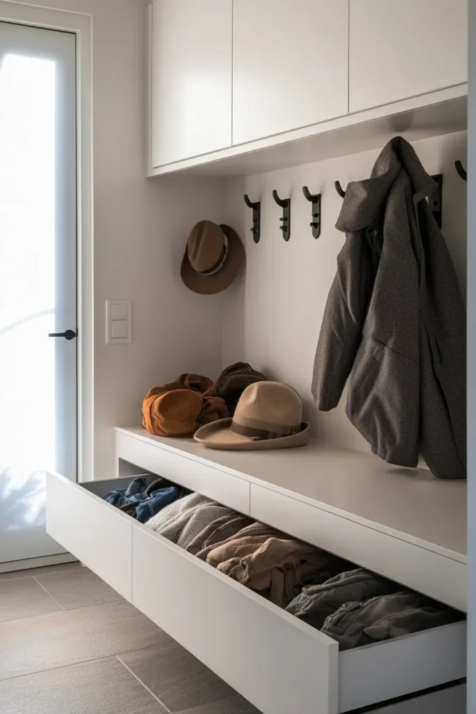 Minimalist mudroom ideas showcase sleek white bench concealing sliding panels for seasonal storage