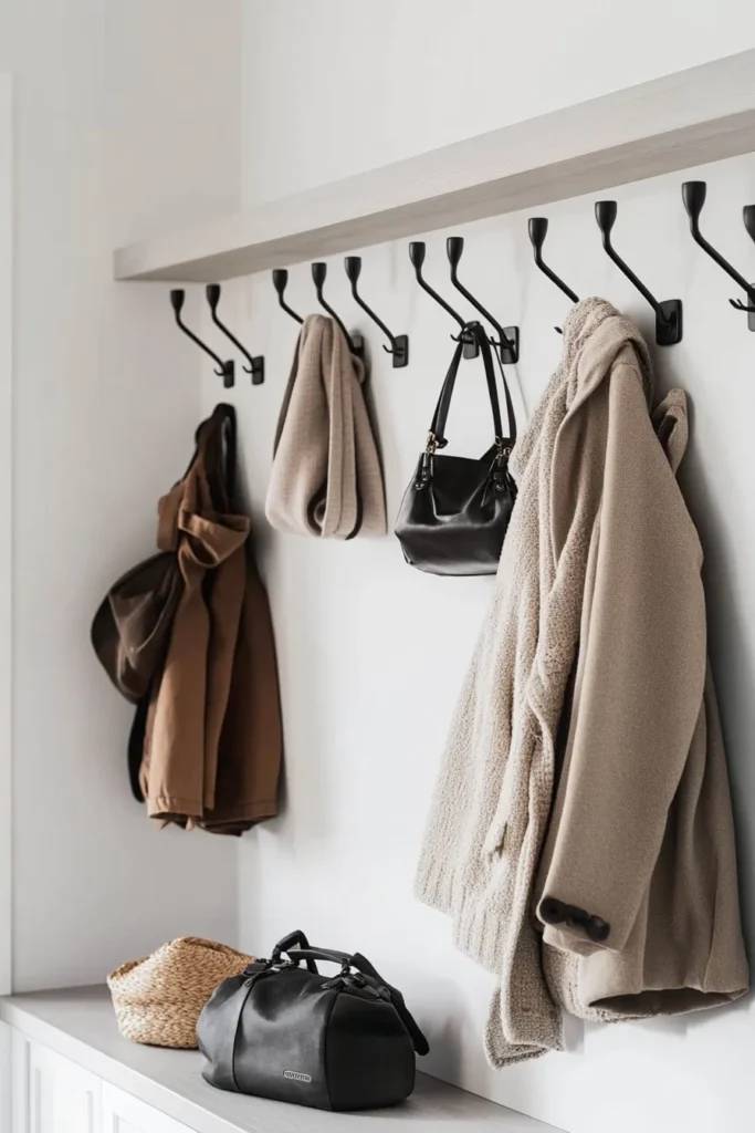 Minimalist mudroom ideas showcased in a compact space with hooks and natural lighting