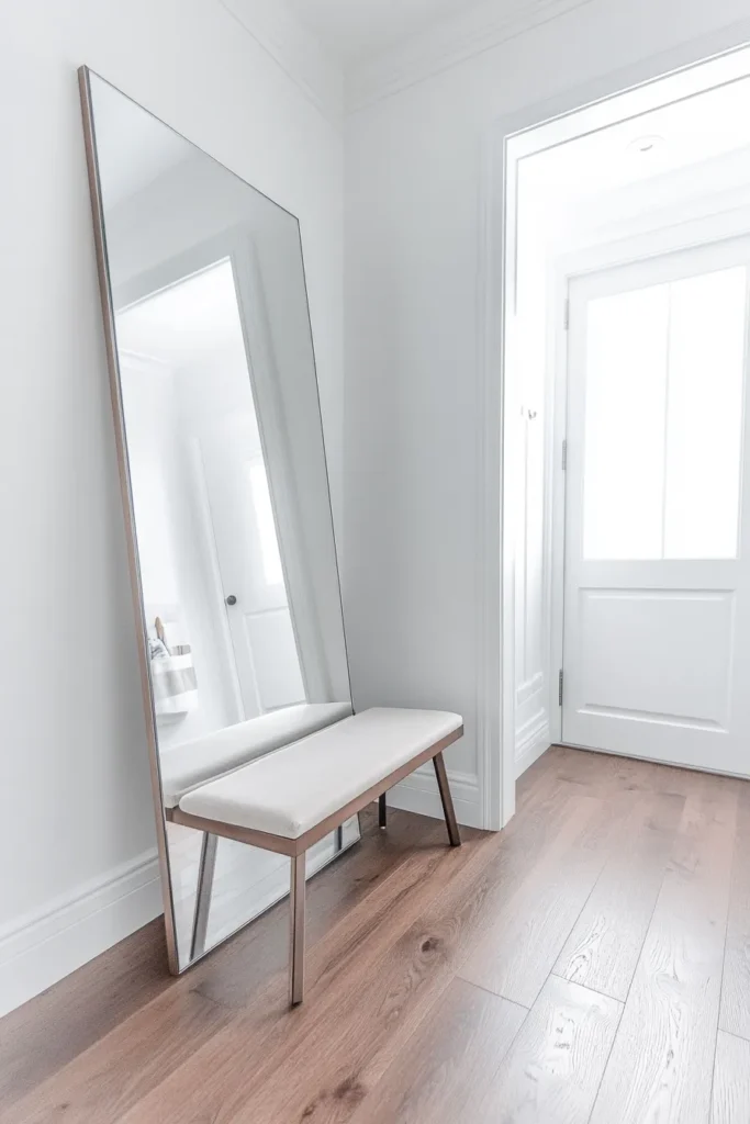 Minimalist mudroom with frameless mirror creating illusion of space modern minimalist mudroom design