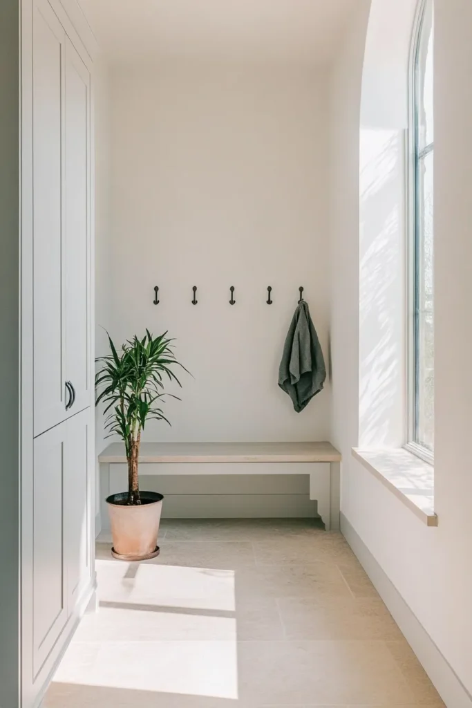 Minimalist mudroom with large window natural light and minimalist mudroom ideas for a welcoming entryway