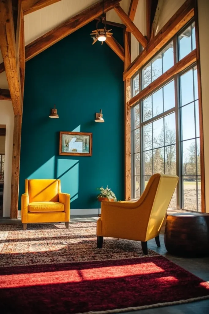 Modern barndominium interior ideas featuring teal accent wall yellow chair and rustic beams