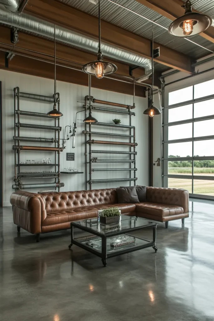 Modern barndominium living room with industrial accents showcasing interior barndominium ideas and simple barndominium interior ideas