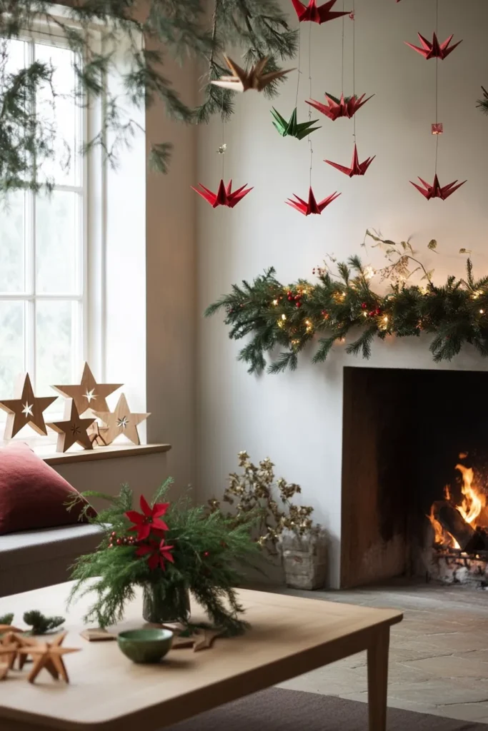 Modern living room with japandi christmas decor featuring a minimalist japandi christmas tree and origami cranes