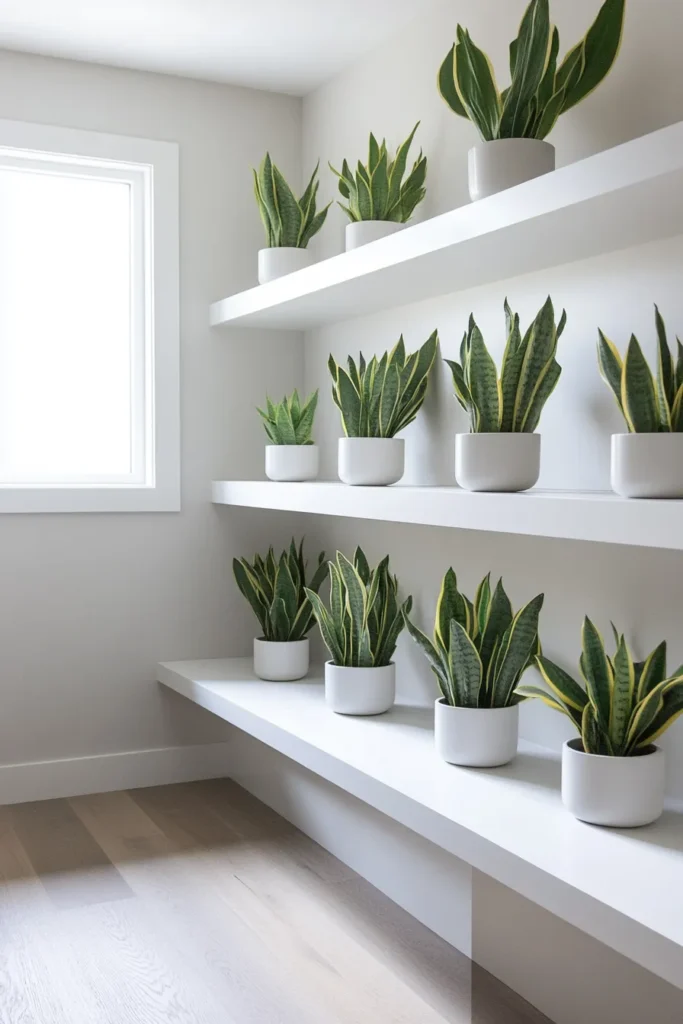 Modern minimalist mudroom showcasing white shelves bench and greenery for a fresh take on minimalist mudroom ideas entryway