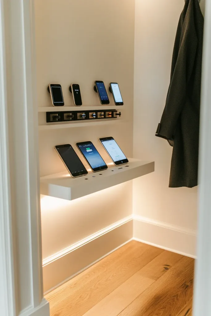 Modern minimalist mudroom with built in charging station sleek shelf USB ports devices organized