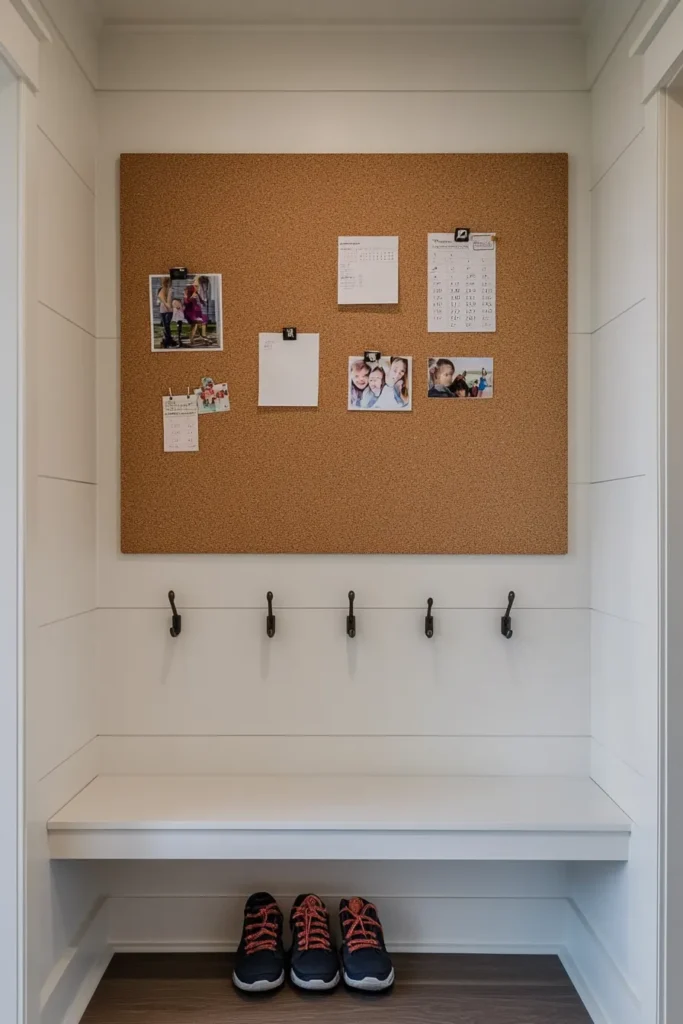 Modern minimalist mudroom with bulletin board showcasing minimalist mudroom ideas for organized entryway storage and decor