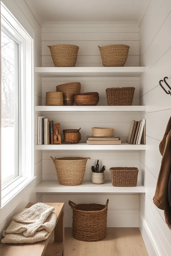 Modern minimalist mudroom with floating shelves and bench minimalist mudroom ideas for organized entryway