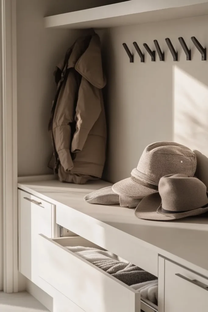 Modern minimalist mudroom with hidden storage bench and wall hooks for everyday items