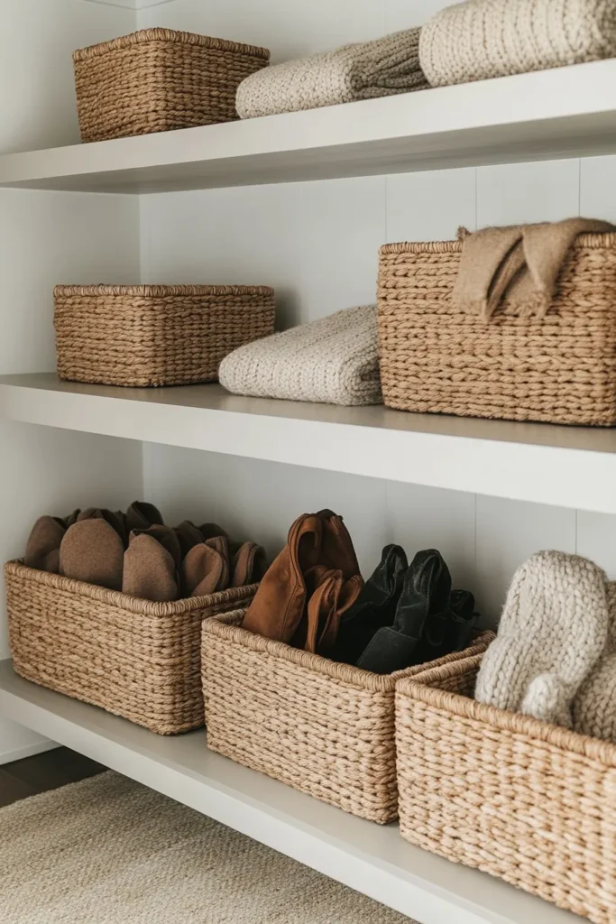 Modern minimalist mudroom with open shelving and baskets for organized storage of everyday items