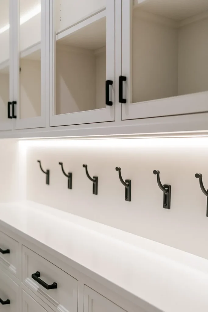 Modern minimalist mudroom with sleek hardware white cabinets and shelves for minimalist mudroom ideas