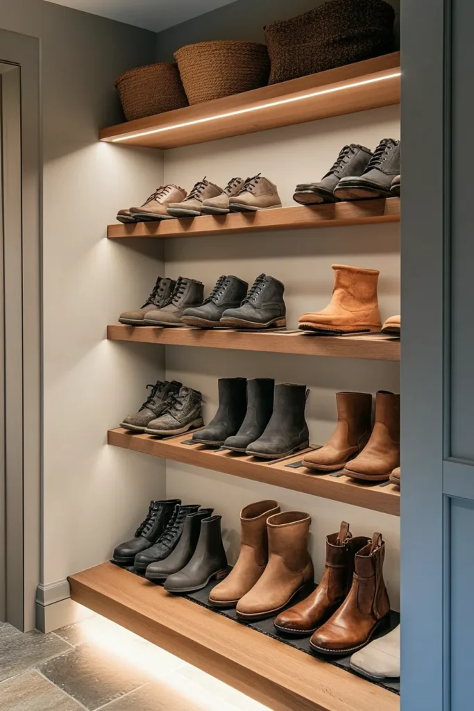 Modern minimalist mudroom with sleek vertical shoe rack and adjustable shelves minimalist mudroom ideas for efficient storage