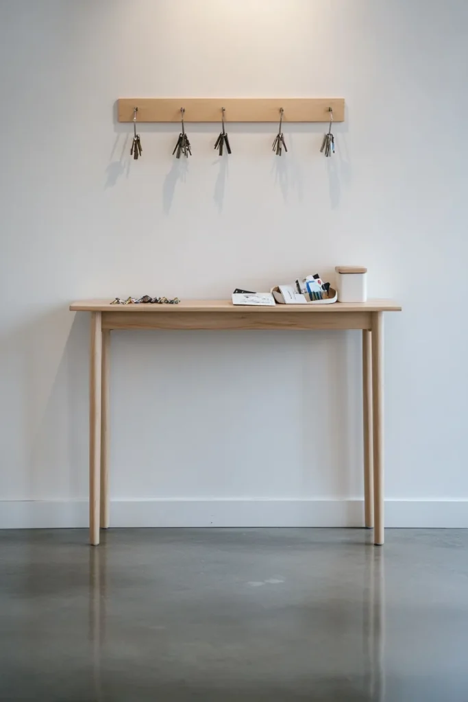 Modern minimalist mudroom with slim console table and coat hooks minimalist mudroom ideas for organized entryway