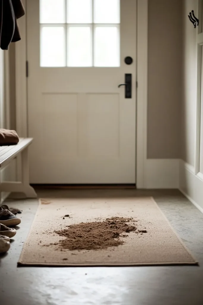 Modern minimalist mudroom with small rug durable flooring and coat hooks minimalist mudroom ideas entryway