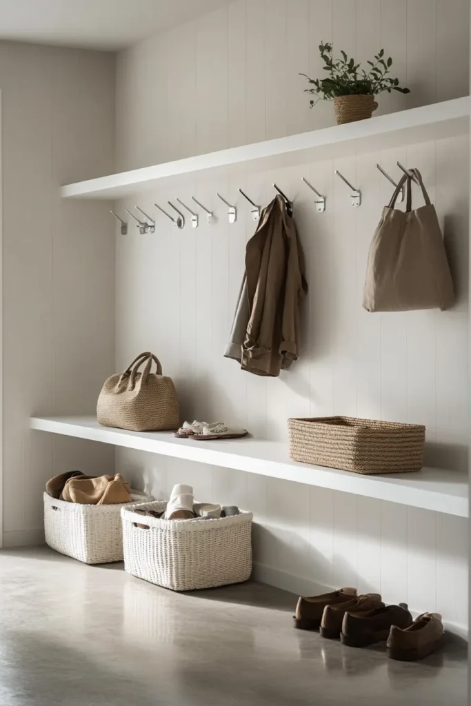 Modern minimalist mudroom with wall hooks floating shelves and bench creating clutter free minimalist mudroom ideas entryway