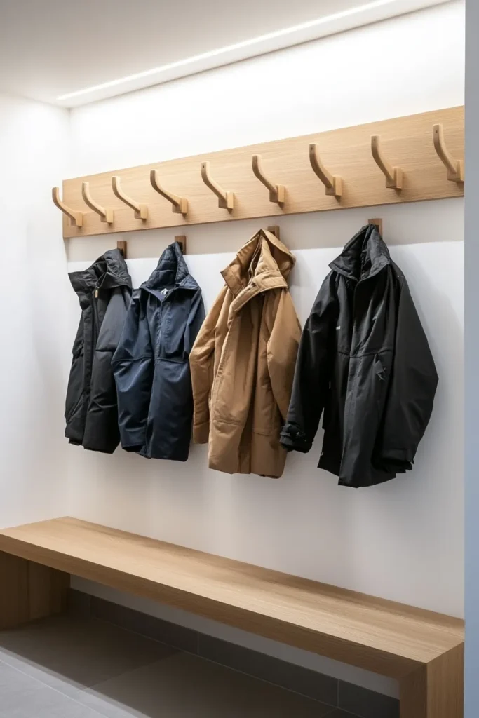 Modern minimalist mudroom with wall mounted coat rack and bench showcasing minimalist mudroom ideas for organized entryway