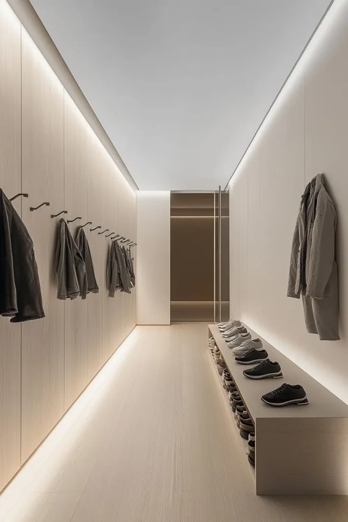 Modern minimalist mudroom with wall mounted storage sleek bench and neutral color palette