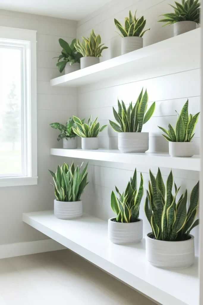 Modern minimalist mudroom with white shelves bench and air purifying plants creating a serene minimalist mudroom ideas entryway