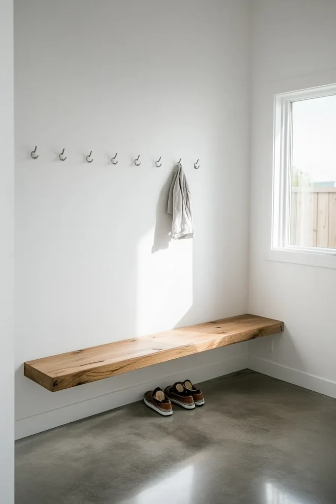 Modern minimalist mudroom with wooden bench and coat hooks minimalist mudroom ideas for organized entryway