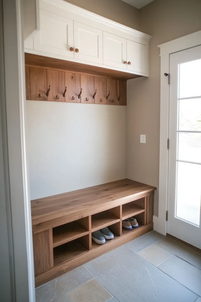 Modern minimalist mudroom with wooden bench hidden storage and coat hooks minimalist mudroom ideas entryway