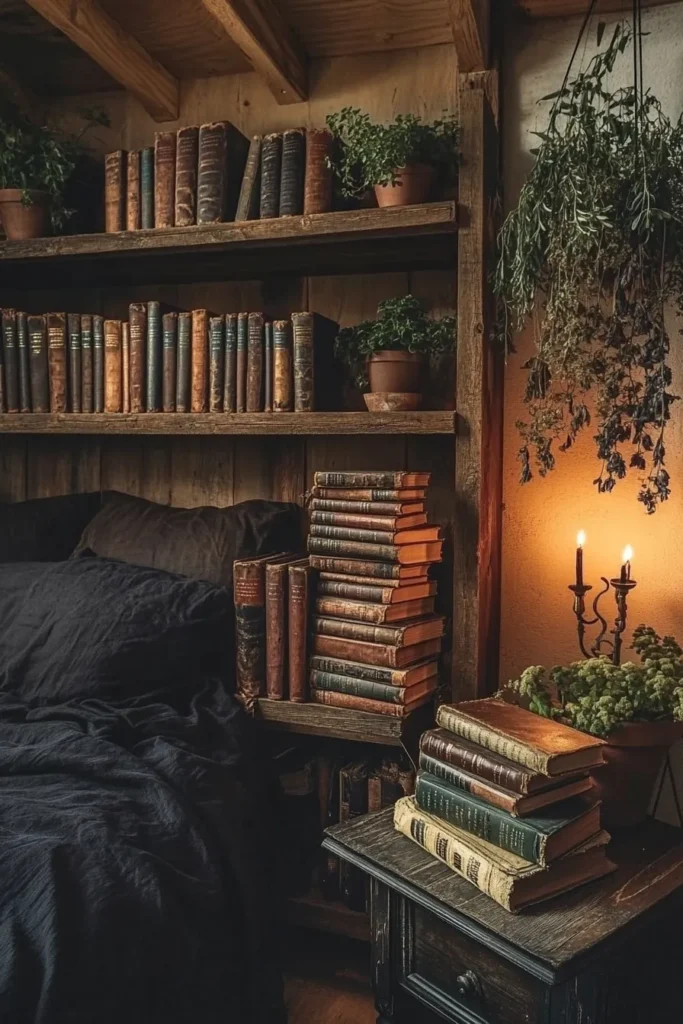 Moody dark green bedroom cottagecore design with open shelves displaying antique books and soft candlelight