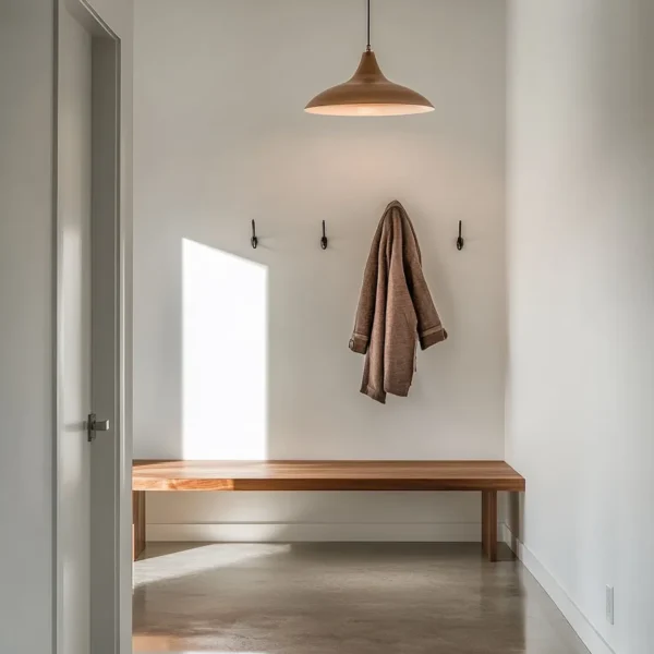 Mudroom minimalist design with strategic lighting enhancing clean lines and organization in minimalist mudroom