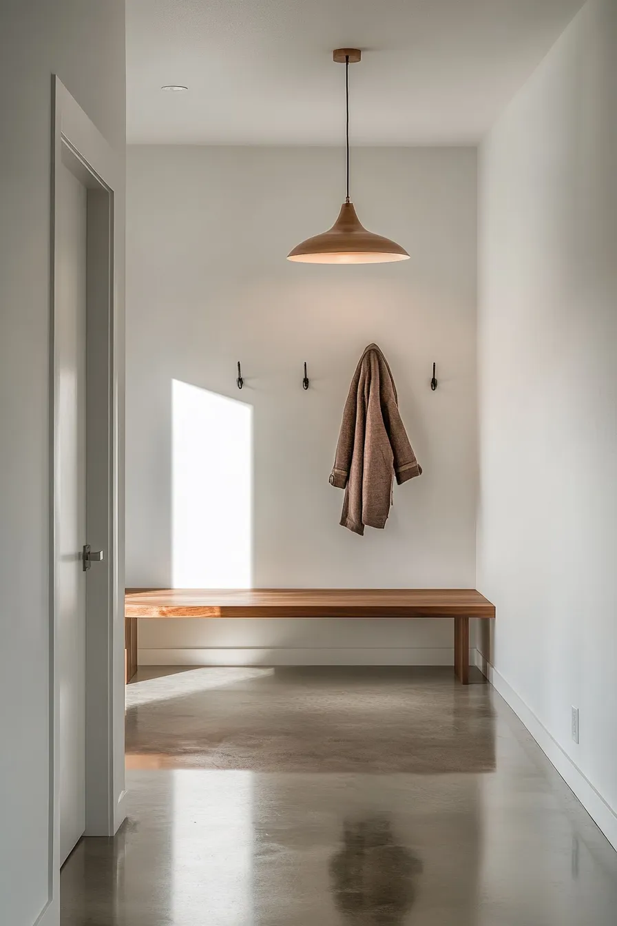 Mudroom minimalist design with strategic lighting enhancing clean lines and organization in minimalist mudroom