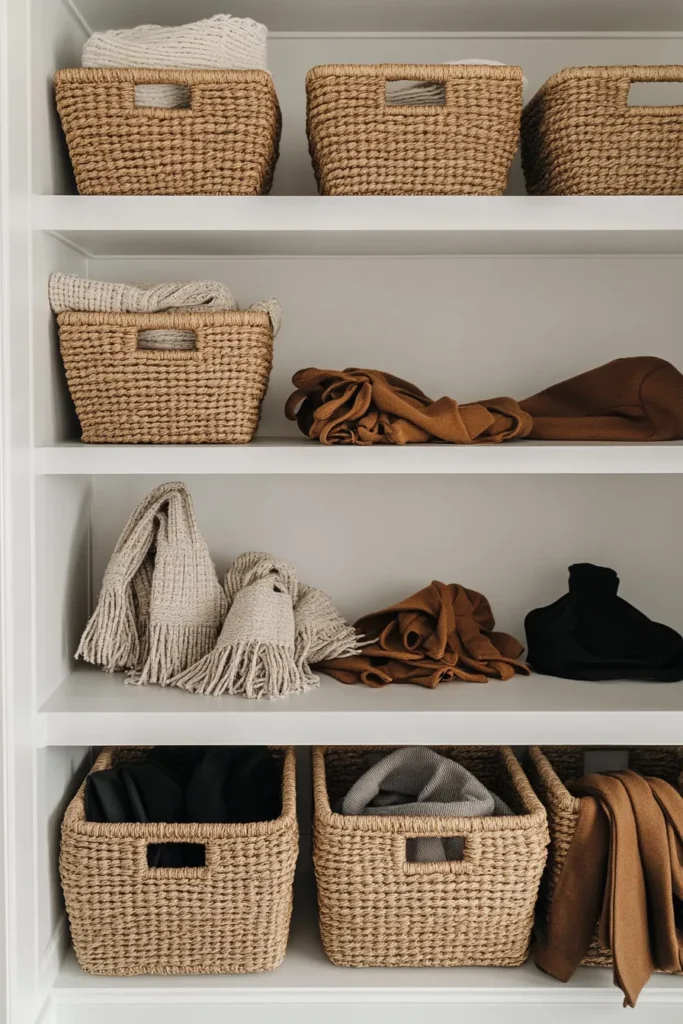 Mudroom minimalist with matching woven baskets and under bench storage for efficient organization