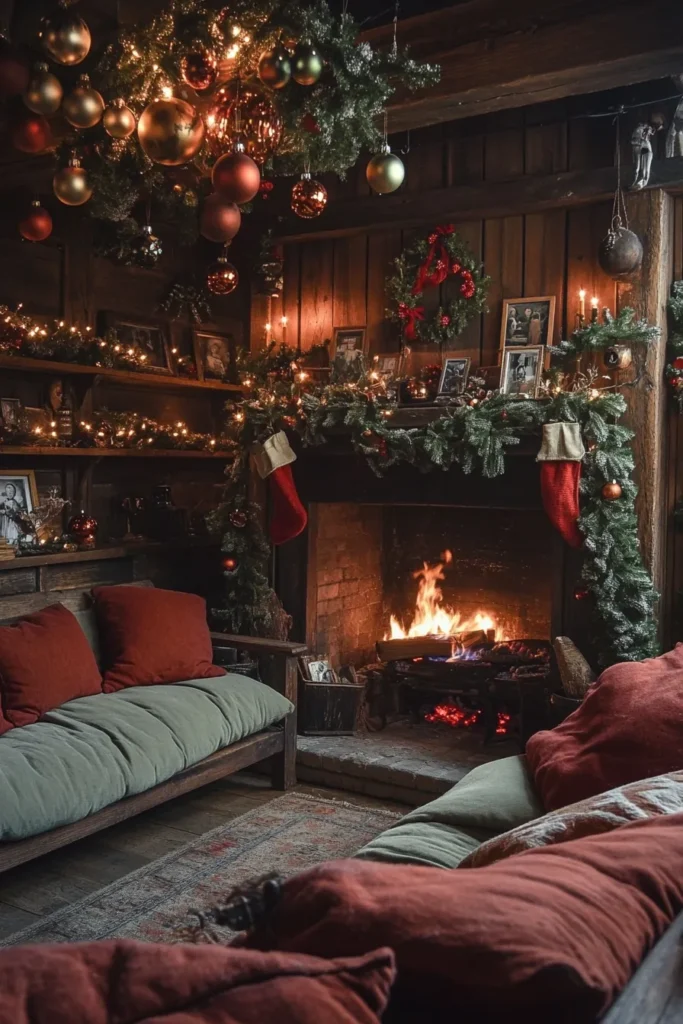 Nostalgic rustic Christmas color palette in living room with antique gold ornaments and family heirlooms