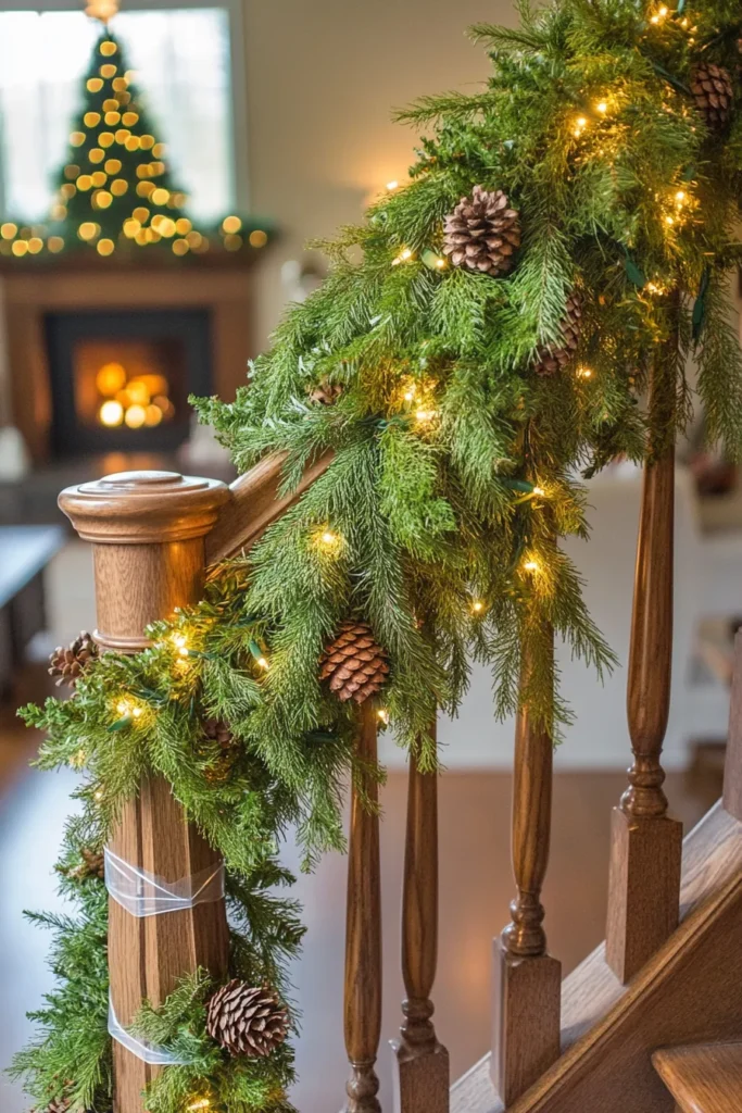 Ornate wooden banister with easy christmas staircase decor garlands and golden lights creating depth