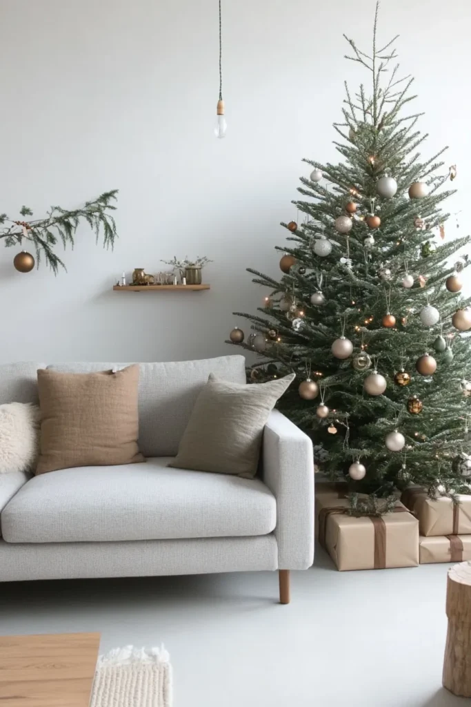 Peaceful japandi christmas living room with japandi christmas tree adorned in soft lights and natural ornaments