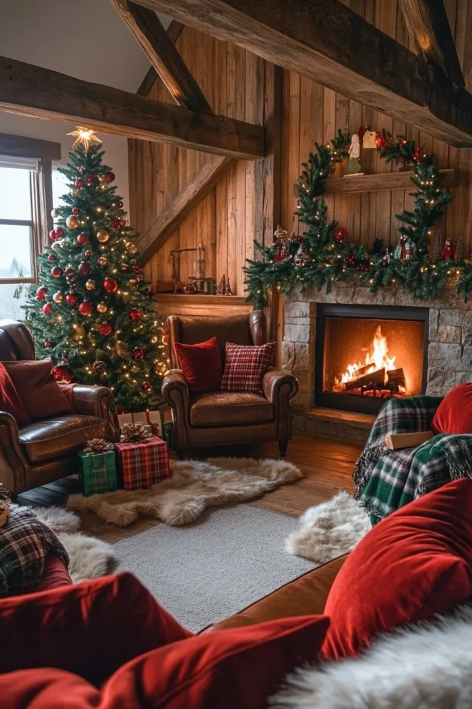 Rustic Christmas color palette brings warmth to a traditional festive living room with fireplace glow