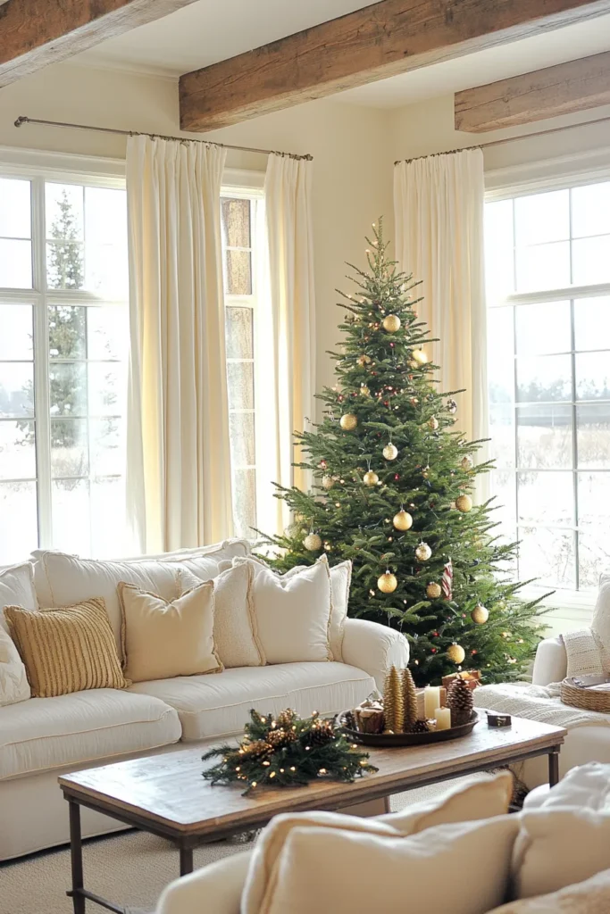 Rustic Christmas color palette featuring warm tones cream walls soft gold accents wooden beams