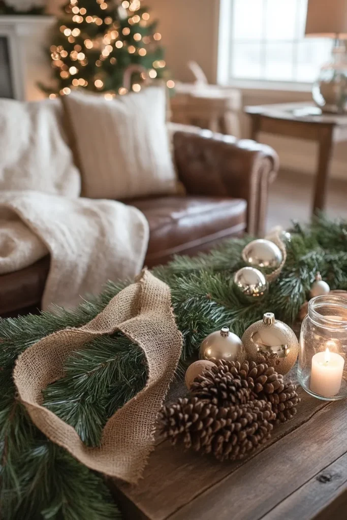 Rustic Christmas color palette featuring weathered leather chair pinecones and warm lighting for festive atmosphere