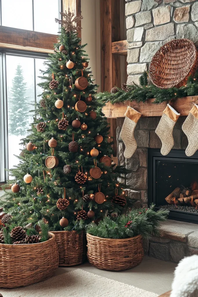 Rustic Christmas color palette featuring wooden ornaments pinecones and natural garlands on fireplace