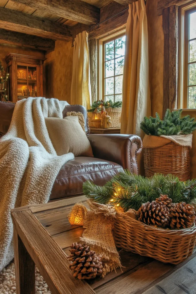 Rustic Christmas color palette in action warm textured living room with evergreen accents