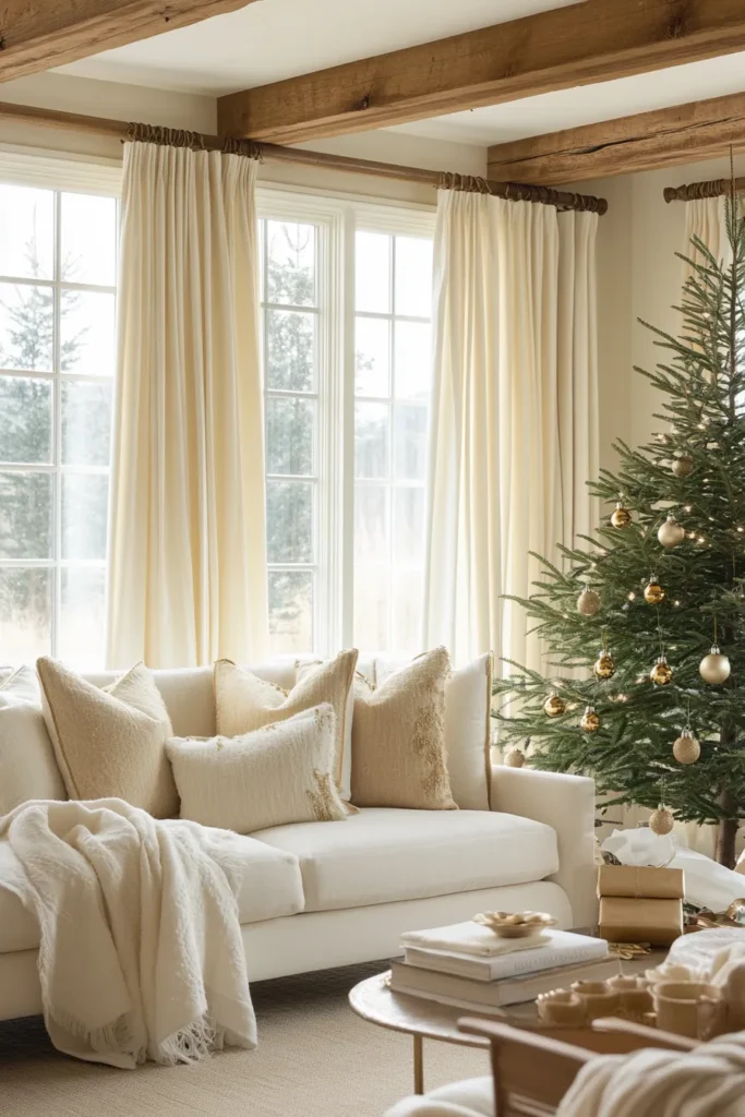 Rustic Christmas color palette in bright living room cream walls gold accents decorated tree