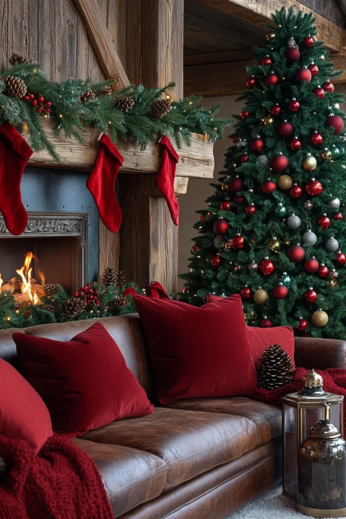 Rustic Christmas color palette in farmhouse style room with decorated tree and festive mantle decor