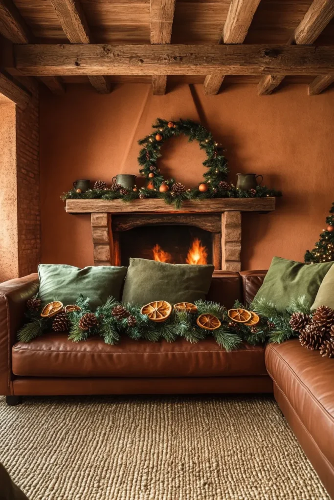 Rustic Christmas color palette in farmhouse style room with warm lighting and festive garlands