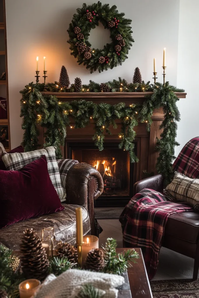 Rustic Christmas color palette in living room with garlands fireplace and plaid blanket