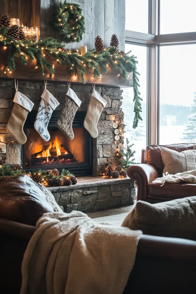 Rustic Christmas color palette in living room with leather chairs plush blankets and natural decorations