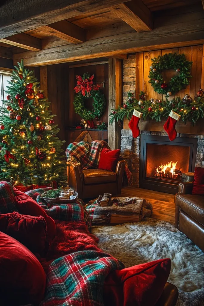 Rustic Christmas color palette in warm tones illuminates a festive living room with natural elements