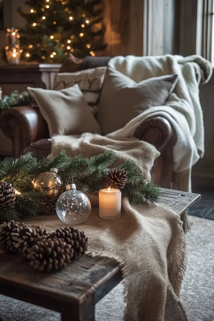 Rustic Christmas color palette living room with mixed textures glass ornaments and wooden coffee table