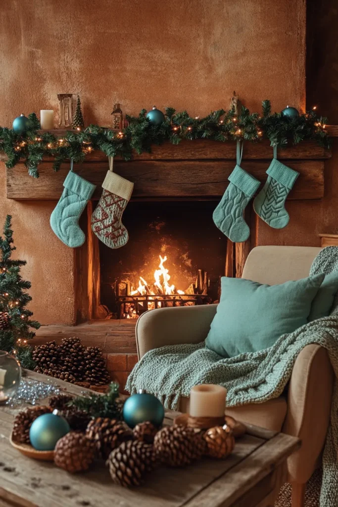 Rustic Christmas color palette living room with terracotta walls sage accents and traditional garland