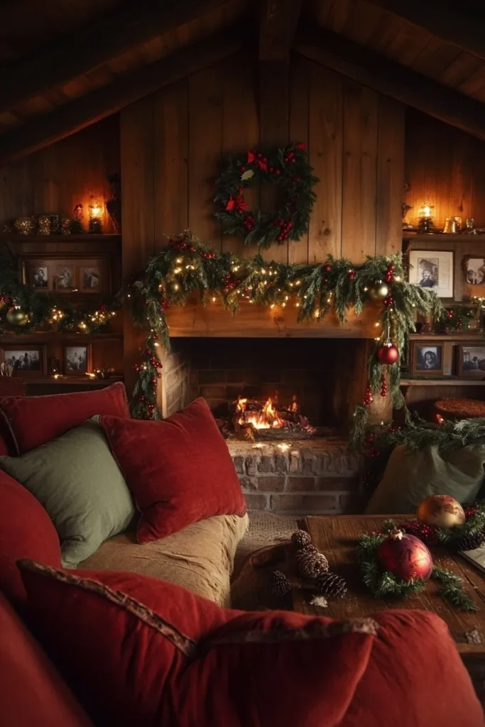 Rustic Christmas color palette showcased in living room with faded red pillows and sage garlands