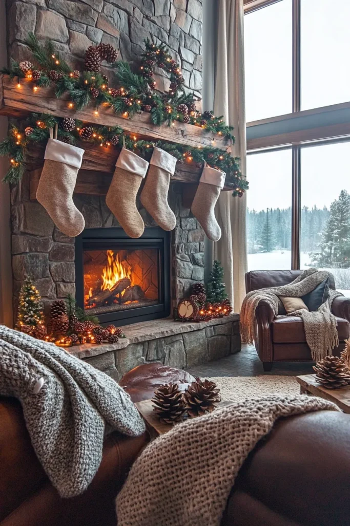 Rustic Christmas color scheme farmhouse decor with wooden mantle burlap stockings and warm lighting