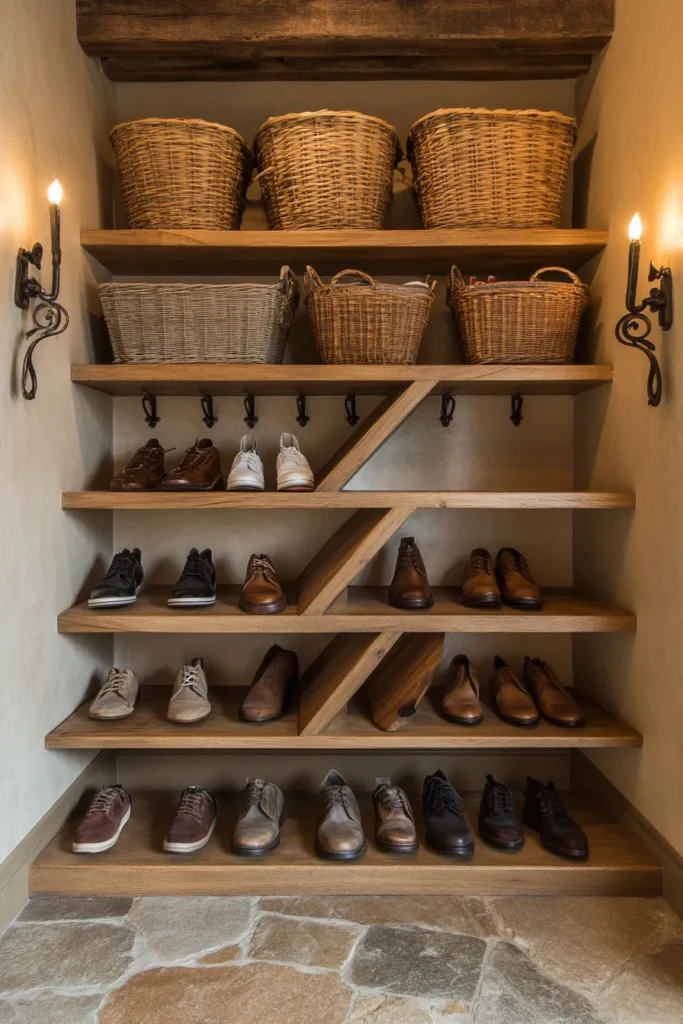 Rustic French country mudroom with custom shoe rack tiered shelves and French country mudroom ideas for organization