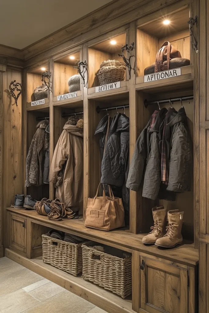 Rustic French country mudroom with wooden cubbies and bench showcasing French country mudroom ideas