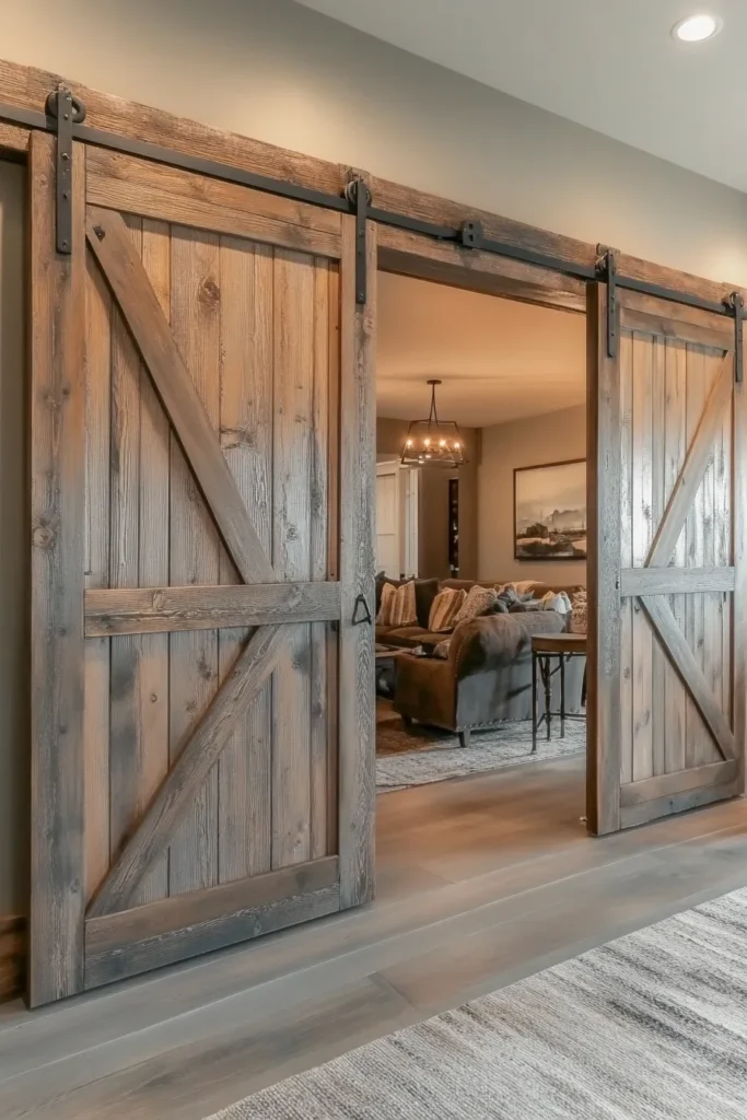 Rustic barndominium interior ideas featuring sliding barn doors and warm lighting for cozy farmhouse atmosphere